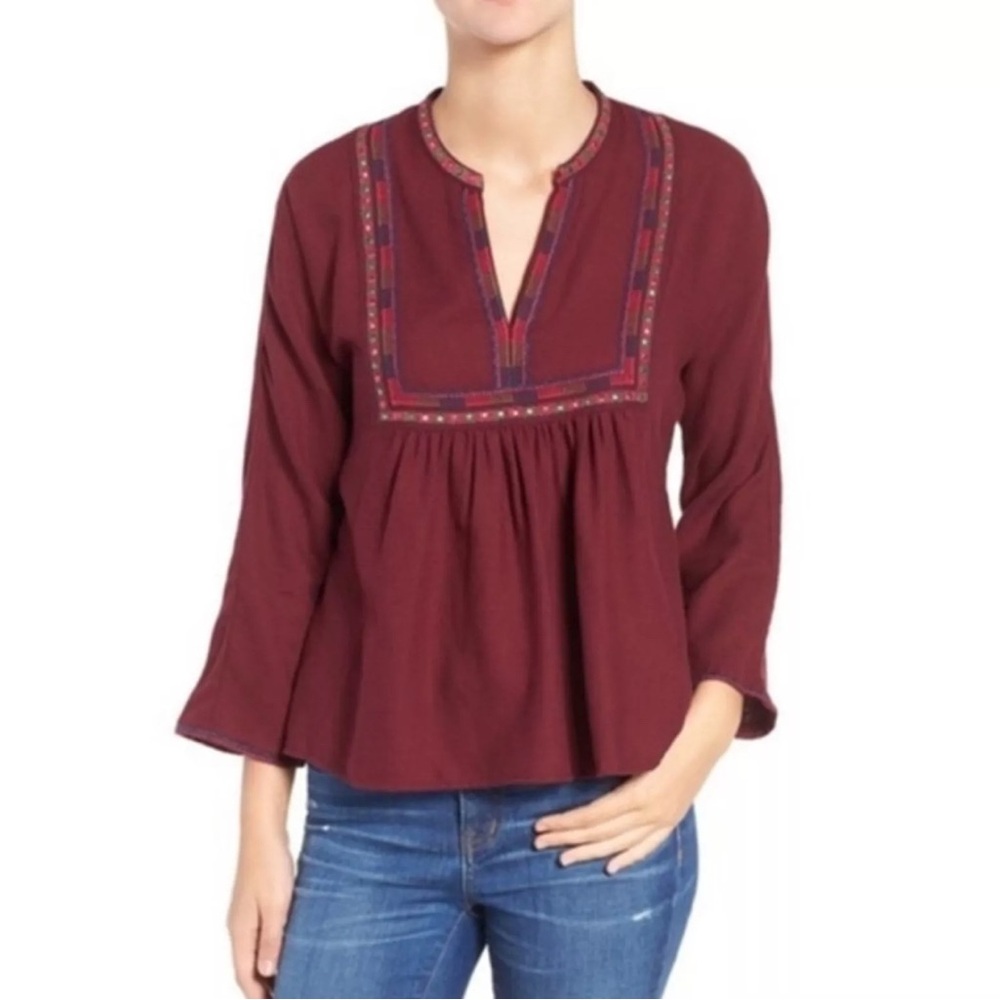 MADEWELL Women’s Embroidered Bohemian Burgundy Wool Blend Top Size Small